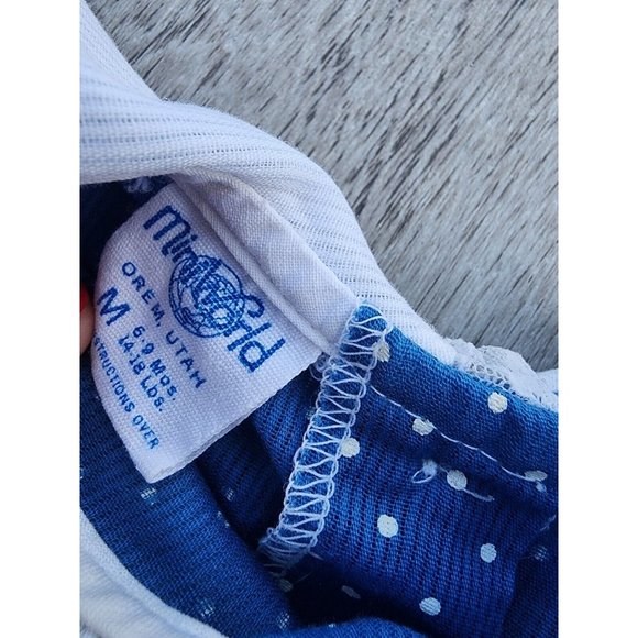 Vintage Mini World Blue Party Dress Size 6-9 Months White Lace Ruffles Bow Pants - Picture 4 of 9